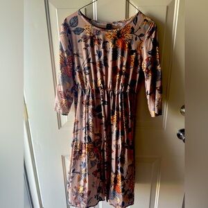 Brown and Orange Midi Sundress with 3/4 Sleeves